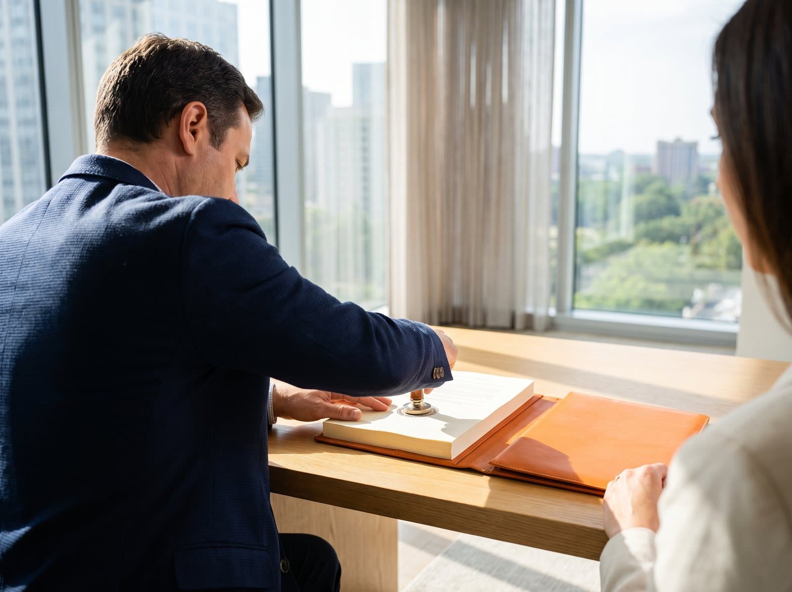 A notary pressing an embossing seal onto a client's document in a bright downtown office