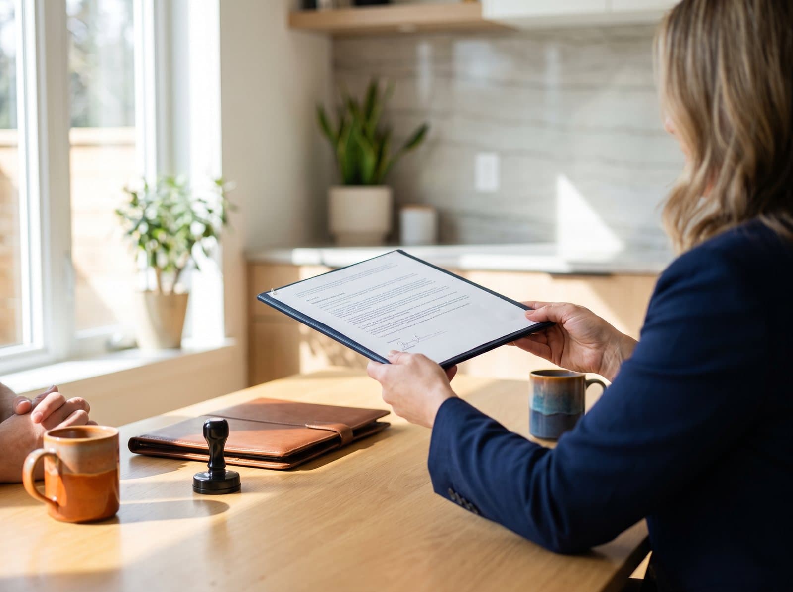 A notary handing a signed document to a client at their kitchen table