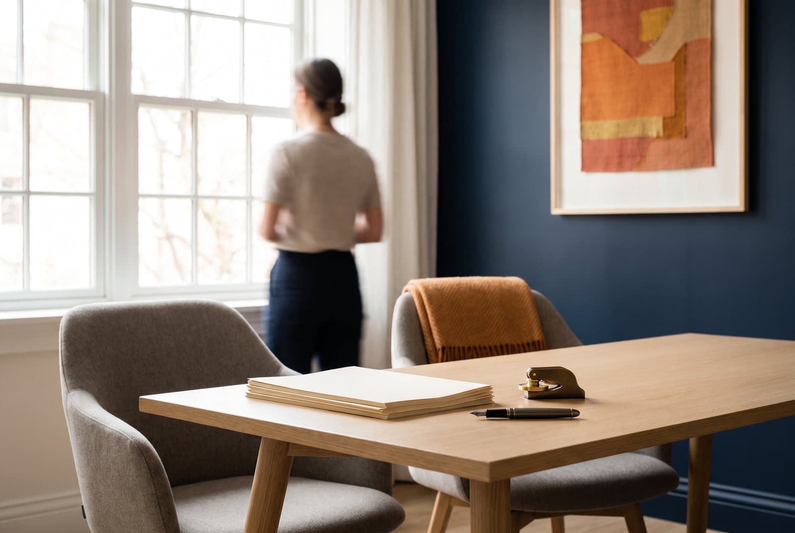 A bright meeting room with a light wood desk, documents, a pen and an embossing seal